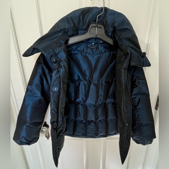 Elie Tahari dark blue taffeta down puffer cropped style w/ 3/4 sleeves. Sz S - Picture 5 of 12